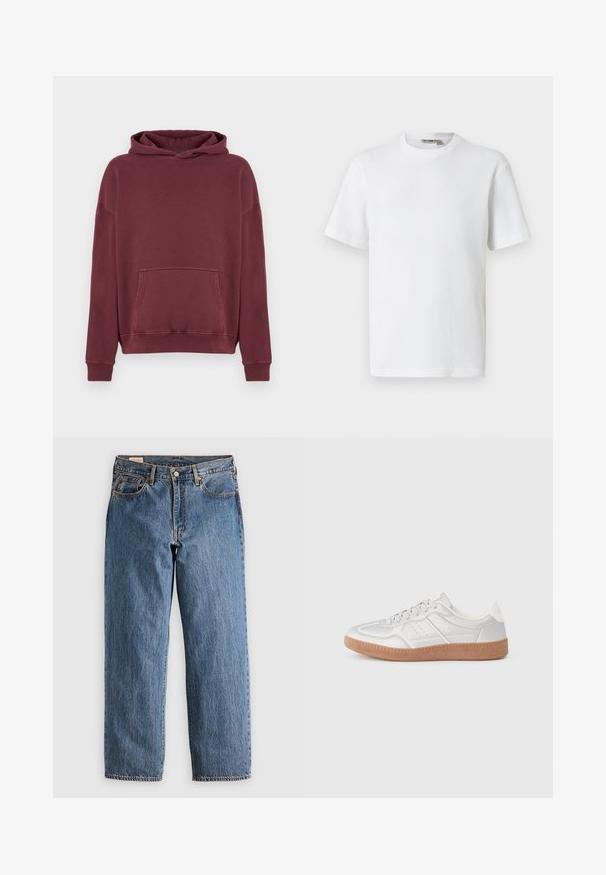 Μπορντό φούτερ με κουκούλα κατασκευασμένο από απαλό ύφασμα, με τσέπη καγκουρό, ριμπ μανσέτες και άνετη εφαρμογή.; Λευκό κοντομάνικο μπλουζάκι με υφή από ύφασμα βατράχου και στρογγυλή λαιμόκοψη, με μικρή ετικέτα μάρκας στο εσωτερικό του γιακά, παρουσιασμένο σε απλό φόντο.; Μπλε τζιν παντελόνι με ίσια γραμμή, με ψηλή μέση, χάλκινες καρφίτσες και πορτοκαλί ραφές. Περιλαμβάνει μπροστά και πίσω τσέπες.; Ασημένια αθλητικά παπούτσια με λεία υφή, σχέδιο με κορδόνια, τρυπητές λεπτομέρειες και υφή από καφέ καουτσούκ.