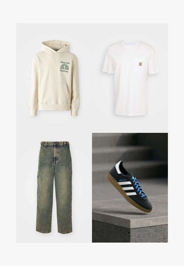 Beige puuvillane kapuutsiga särk, millel on tasku. Vasaku rinnaosa roheline logo "Ellesse 1959" ja kaarduv graafika. Pehme tekstuur, tavaline lõige.; Valge puuvillane t-särk lühikeste varrukatega, rindade taskuga ja taskul väike ruudukujuline logo kleebis oranžis ja valges.; Laiad teksad pleekinud sinise ja rohelise värviga. Varustatud nööbist sulgemisega, vöökontuuridega ja küljetaskutega. Lame esipaneel ja sirged sääred.; Must Adidas toss valgete triibu, siniste paelte ja kummist tallaga, hõljuv pehme valgusega halli betoonastme kohal.