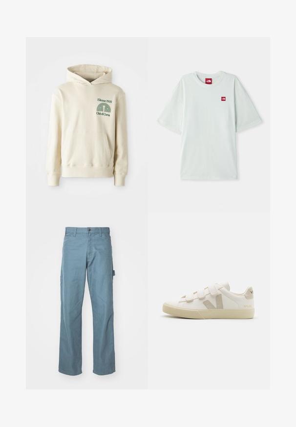 Béžová bavlnená mikina s klokaním vreckom. Zelený textový logotyp "Ellesse 1959" a zakrivená grafika na ľavej hrudi. Mäkkučký materiál, klasický strih.; Svetlozelené tričko s krátkymi rukávmi vyrobené z mäkkého bavlneného materiálu, so malou červenou logovou nášivkou na ľavej strane hrude. Vo voľnom strihu a s okrúhlym výstrihom.; Svetlo modré bavlnené cargo nohavice majú rovný strih, dve bočné vrecká a jednu slučku na páse pre väčšiu praktickosť.; Biele kožené tenisky s suchými zipsami, béžové akcenty, zaoblený špička, textúrovaná gumová podrážka a embosované logo. Minimalistický dizajn.