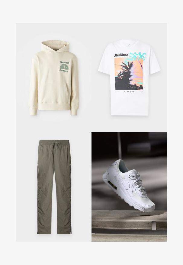 Beige puuvillane kapuutsiga särk, millel on tasku. Vasaku rinnaosa roheline logo "Ellesse 1959" ja kaarduv graafika. Pehme tekstuur, tavaline lõige.; Valge Nike T-särk, millel on graafika siluetiliste palmiokstega pastelselt oranži ja türkiissinise päikeseloojangutausta ees, üleval must Nike logo.; Õrna oliivrohelise värvusega kerge dressipüksid kummiga vöökohal, nööriga, valgete küljeribadega ja väikese liblika logoga paremal reiel.; Valged Nike Air Max 90 sneakers, millel on võrkkangast ja nahast ülemine osa, aukudega varbadosa ning nähtav õhuüksus kandades.