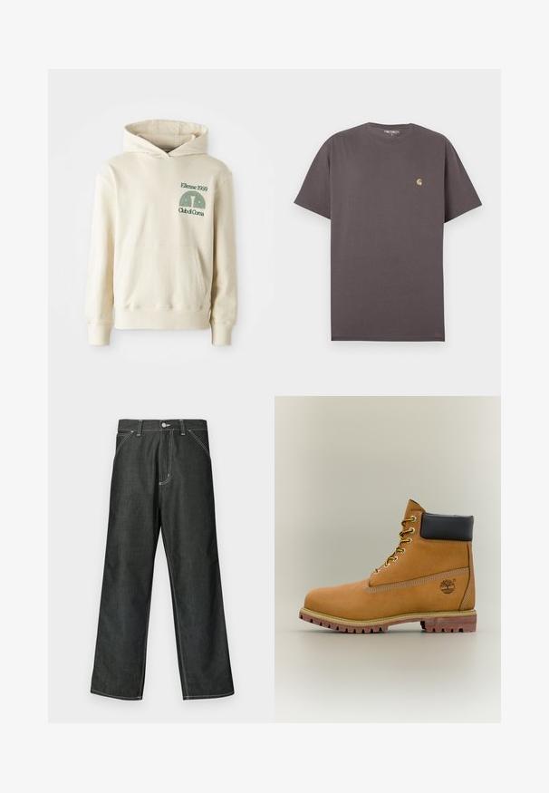 Beige Baumwoll-Hoodie mit einer Kängurutasche. Grüner Text-Logo "Ellesse 1959" und geschwungenes Grafikdesign im linken Brustbereich. Weiche Textur, reguläre Passform.; Schlichtes, dunkelbraunes T-Shirt mit kurzen Ärmeln und rundem Ausschnitt, mit kleinem beigen Carhartt-Logo auf der linken Brust, Größe Large.; Dunkelblaue Jeans im weiten Schnitt mit weißer Naht, Standard-Design mit fünf Taschen, Metallknopfverschluss und geraden Säumen.; Brauner Leder-Stiefelette mit schwarzem Kragen, gelben Schnürsenkeln und hellbrauner Sohle. Verfügt über ein Logo und weiße Ziernähe. Robuste Profilsohle.
