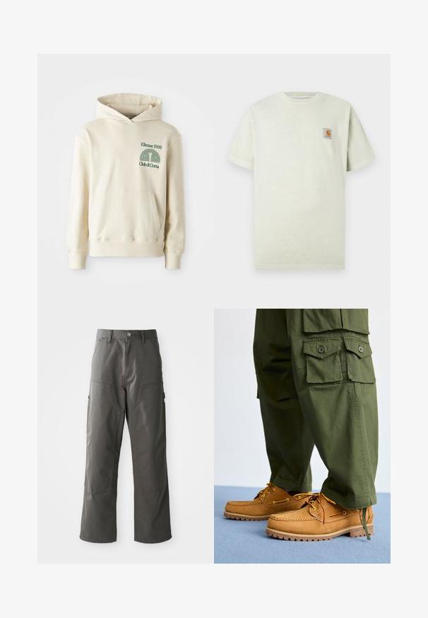 Sudadera de algodón beige con bolsillo tipo canguro. Logotipo en texto verde "Ellesse 1959" y gráfico curvado en la parte izquierda del pecho. Textura suave, corte regular.; Camiseta de algodón verde claro con mangas cortas, escote redondo y un pequeño parche cuadrado con un logo en el lado izquierdo del pecho. Textura suave.; Pantalones cargo grises con un diseño de pierna recta, que cuentan con dos bolsillos frontales y bolsillos laterales adicionales para almacenamiento. Fabricados con un tejido duradero.; Timberland AUTHENTIC 3 EYE - Náuticos - wheat