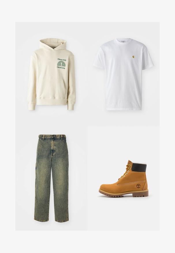 Sudadera de algodón beige con bolsillo tipo canguro. Logotipo en texto verde "Ellesse 1959" y gráfico curvado en la parte izquierda del pecho. Textura suave, corte regular.; Camiseta de algodón blanca con mangas cortas, cuello redondo, que presenta un pequeño logo dorado en la parte izquierda del pecho. Textura suave y corte regular.; Jeans de denim holgados en un lavado azul y verde descolorido. Presenta un cierre de botón, pasadores para el cinturón y bolsillos laterales. Diseño de frente plano y pierna recta.; Botín de cuero marrón con ojales de metal, forro de piel sintética blanca, cuello acolchado negro, suela resistente y logotipo en relieve en el costado.