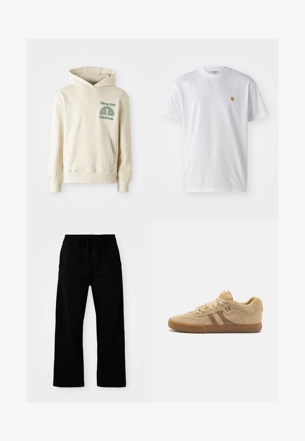 Beige katoenen hoodie met een kangoeroezak. Groene tekstlogo "Ellesse 1959" en een gebogen afbeelding op de linkerbovenkant. Zachte textuur, normale pasvorm.; Witte katoenen t-shirt met korte mouwen en ronde hals, voorzien van een klein gouden logo op de linkerkant van de borst. Zachte textuur en een normale pasvorm.; Zwarte broek met elastische tailleband en verstelbaar trekkoord, met wijde pijpen en een gladde katoentextuur. Geen zichtbare patronen of hardwaredetails.; Tan suede sneakers hebben een ronde neus, vetersluiting en een bruine accentstreep. Rubberen zool met een gestructureerde grip. Eenvoudig logo aan de zijkant.