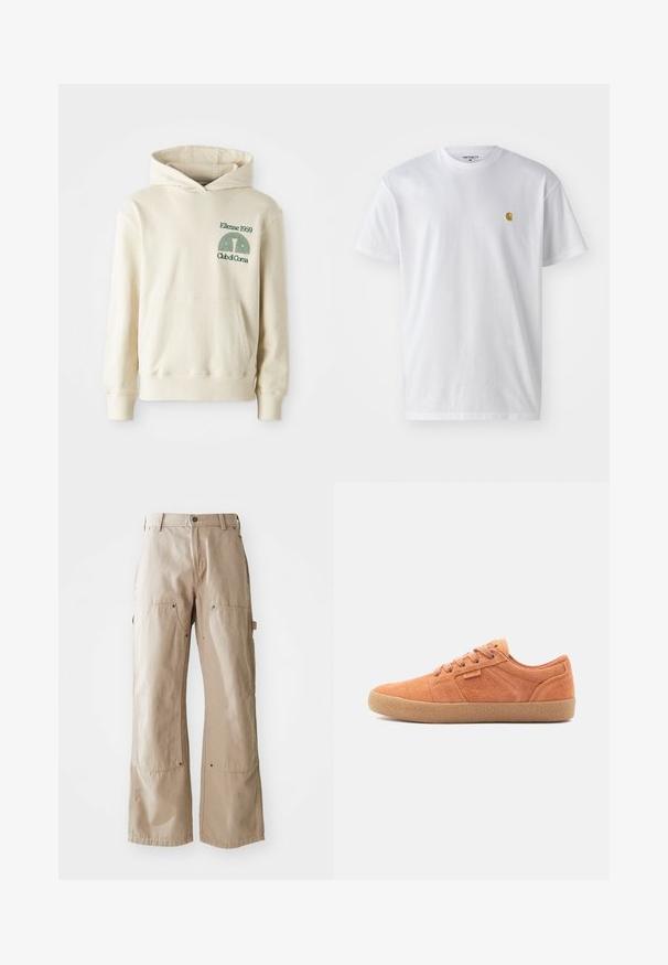 Sudadera de algodón beige con bolsillo tipo canguro. Logotipo en texto verde "Ellesse 1959" y gráfico curvado en la parte izquierda del pecho. Textura suave, corte regular.; Camiseta de algodón blanca con mangas cortas, cuello redondo, que presenta un pequeño logo dorado en la parte izquierda del pecho. Textura suave y corte regular.; Pantalones de pierna ancha beige, confeccionados en un resistente tejido de algodón. Cuenta con bolsillos delanteros y laterales, costuras visibles y acentos de metal en los bolsillos.; Zapatillas de gamuza marrón con una superficie texturizada, punta redonda y suela de goma. Presentan un diseño con cordones y acentos cosidos en los laterales.