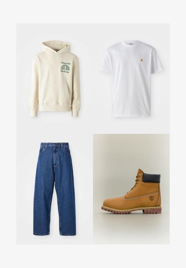 Sudadera de algodón beige con bolsillo tipo canguro. Logotipo en texto verde "Ellesse 1959" y gráfico curvado en la parte izquierda del pecho. Textura suave, corte regular.; Camiseta de algodón blanca con mangas cortas, cuello redondo, que presenta un pequeño logo dorado en la parte izquierda del pecho. Textura suave y corte regular.; Jeans de pierna ancha de denim en azul oscuro. Presentan una cintura alta, trabillas para cinturón y un diseño clásico de cinco bolsillos. Bajo cosido con un acabado limpio.; Bota de tobillo de cuero marrón con cuello negro, cordones amarillos y suela beige. Presenta un logotipo y detalles de costura blanca. Suela exterior con tracción robusta.