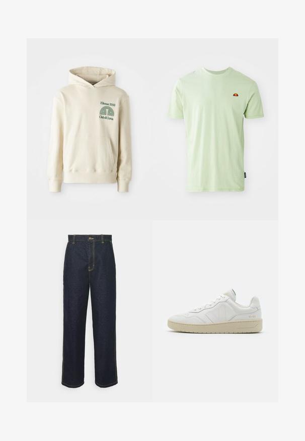 Sudadera de algodón beige con bolsillo tipo canguro. Logotipo en texto verde "Ellesse 1959" y gráfico curvado en la parte izquierda del pecho. Textura suave, corte regular.; Camiseta de algodón verde claro con cuello redondo, mangas cortas y un pequeño logotipo bordado en rojo y amarillo en el pecho.; Jeans de mezclilla oscuros de pierna ancha con costuras amarillas, que cuentan con un cierre frontal de botón y bolsillos laterales. Textura suave y diseño tradicional.; Zapatillas blancas de cuero con un acabado texturizado y cuello acolchado. Cuentan con una suela de goma beige y un sutil logotipo en el talón y el lado.