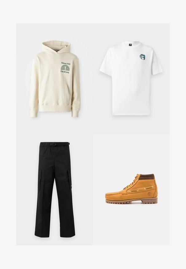 Sudadera de algodón beige con bolsillo tipo canguro. Logotipo en texto verde "Ellesse 1959" y gráfico curvado en la parte izquierda del pecho. Textura suave, corte regular.; Camiseta blanca de manga corta con gráfico pequeño de una taza verde y el logotipo de "The North Face" en el pecho izquierdo.; Pantalones cargo negros con un diseño de pierna ancha, cintura ajustable con hebilla y dos bolsillos laterales para almacenamiento. Tejido ligero.; Timberland AUTHENTIC MID LACE BOOT - Botines con cordones - wheat