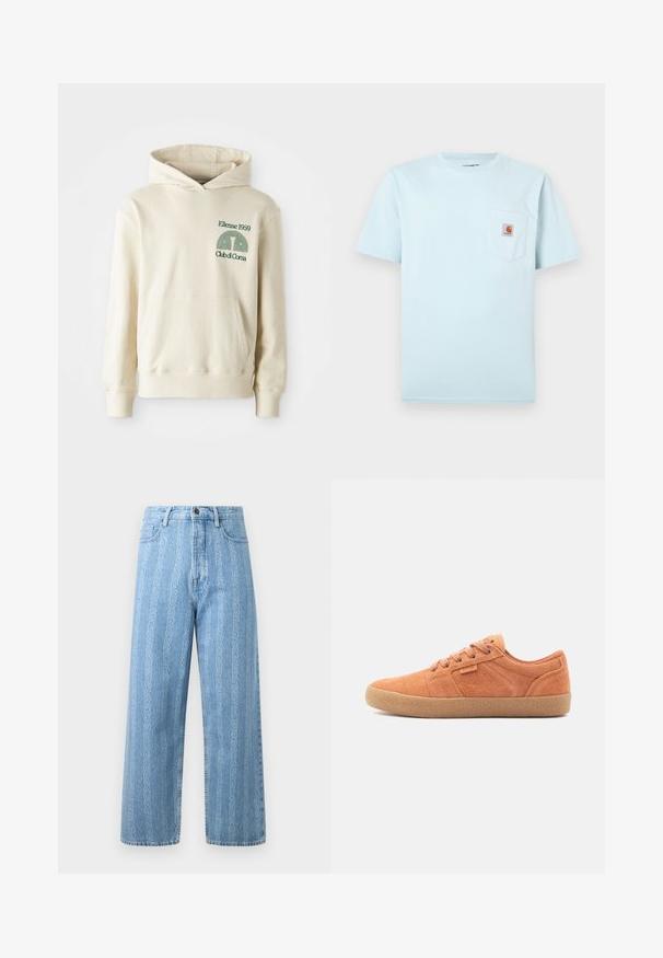 Sudadera de algodón beige con bolsillo tipo canguro. Logotipo en texto verde "Ellesse 1959" y gráfico curvado en la parte izquierda del pecho. Textura suave, corte regular.; Camiseta de manga corta de color azul claro con cuello redondo y un bolsillo en el pecho que presenta un pequeño parche con el logo de Carhartt en marrón y naranja.; Jeans de mezclilla azul claro con un diseño de pierna ancha, presentando un patrón de cadena repetido. Estilo clásico de cinco bolsillos y detalle de botón de metal.; Zapatillas de gamuza marrón con una superficie texturizada, punta redonda y suela de goma. Presentan un diseño con cordones y acentos cosidos en los laterales.