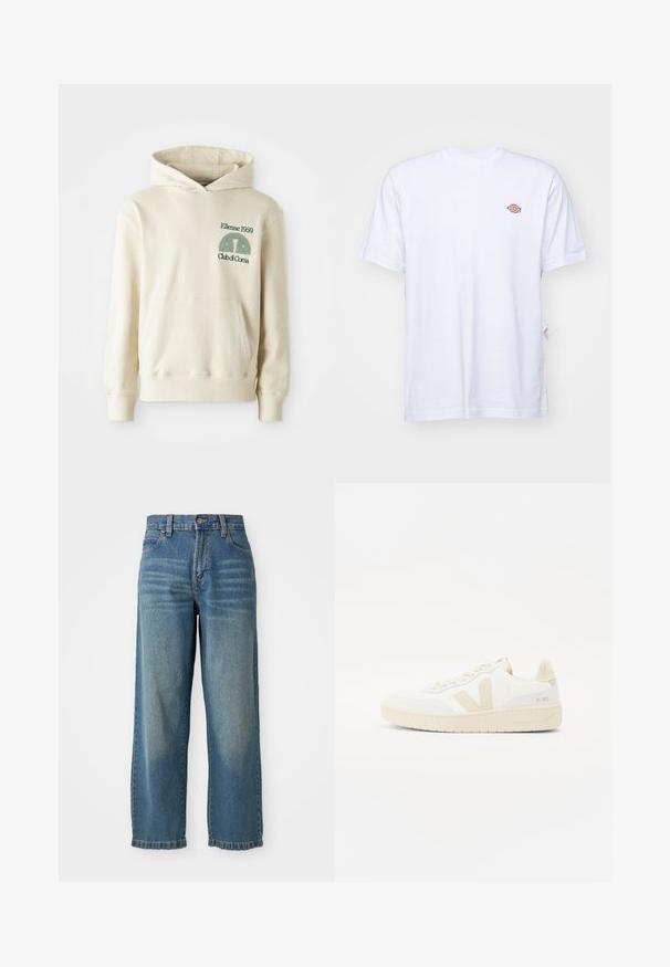 Sudadera de algodón beige con bolsillo tipo canguro. Logotipo en texto verde "Ellesse 1959" y gráfico curvado en la parte izquierda del pecho. Textura suave, corte regular.; Camiseta de algodón blanca con cuello en V y mangas cortas. Presenta un pequeño logo bordado de colores en el lado izquierdo del pecho. Textura suave.; Jeans de mezclilla ancha de color azul claro con una cintura alta, cinco bolsillos y un acabado ligeramente desgastado. Cuenta con un cierre de botón y cremallera.; Zapatilla blanca con acentos beige, que presenta un upper texturizado, punta redonda y suela de goma gruesa. El diseño incluye el icónico logo V y marcas.