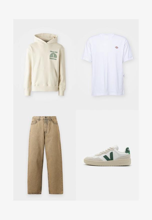 Beige puuvillane kapuutsiga särk, millel on tasku. Vasaku rinnaosa roheline logo "Ellesse 1959" ja kaarduv graafika. Pehme tekstuur, tavaline lõige.; Valge puuvillane T-särk, millel on V-kaelus ja lühikesed varrukad. Ees vasakul rinnal on väike värvikas tikand. Pehme tekstuur.; Kreemjatavad teksapüksid sirge jala disainiga, varustatud lukuga, vöödega ja kontrastsete õmblustega. Pole märgatavaid mustreid ega seadmeid.; Valge tennisets, millel on rohelised sametist aktsendid, lame nöör ja tekstureeritud varbalaev ning beež kummitald. Küljel on silmapaistev "V" logo.