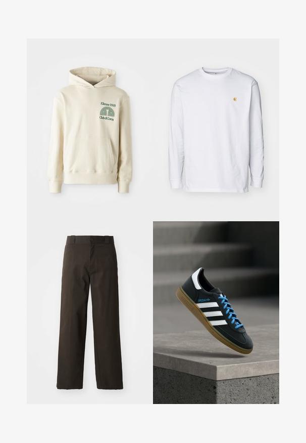 Béžová bavlnená mikina s klokaním vreckom. Zelený textový logotyp "Ellesse 1959" a zakrivená grafika na ľavej hrudi. Mäkkučký materiál, klasický strih.; Biely tričko s dlhým rukávom z bavlny. Na hrudi má malé zlaté logo a okrúhly výstrih. Jednoduchý dizajn a štandardný strih.; Čierne bavlnené nohavice s rovnými nohavicami, so zapínaním na gombík a klasickým pásom. Hladká štruktúra, bez vzorov alebo detailov.; Čierna teniska Adidas s bielymi pruhmi, modrými šnúrkami a gumovou podrážkou, ktorá sa vznáša nad sivým betónovým schodom v mäkkom svetle.