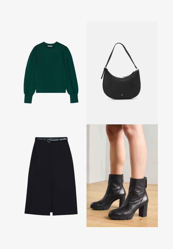 Groene pullover sweatshirt met lange, opgeblazen mouwen, geribbelde manchetten en zoom. Zachte stof met een gladde textuur. Ronde halslijn.; Zwarte knie-lange rok met een vooraanstaande split, gemaakt van gladde stof. Heeft een dunne zwarte riem met een zilveren gesp en riemlussen.; Zwarte leren enkelboots met een stevige hak, een rits aan de zijkant en een gladde textuur, met een elegante uitstraling en minimale stiksels.; Zwarte leren handtas met een gebogen vorm, textuuroppervlak, voornaden en een logo in goudkleur. Beschikt over een enkele verstelbare schouderband.