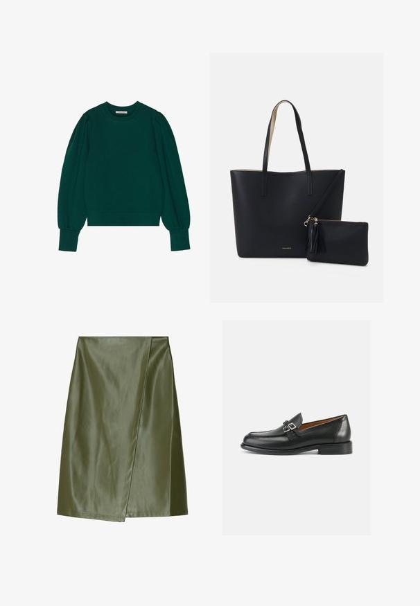 Groene pullover sweatshirt met lange, opgeblazen mouwen, geribbelde manchetten en zoom. Zachte stof met een gladde textuur. Ronde halslijn.; Olijfgroene faux leren mini-jurk met een diagonale wikkeldesign, een gladde textuur en nette stiksels langs de randen.; Zwarte leren loafers met een gestikt ontwerp, voorzien van een dubbele gespsluiting en een licht verhoogde hak voor extra lengte.; Zwarte totebag van gestructureerd materiaal, met twee lange handvatten en een afneembare tas met rits voorzien van een franjesdetail. Gouden merklogo zichtbaar.
