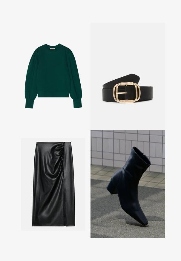 Groene pullover sweatshirt met lange, opgeblazen mouwen, geribbelde manchetten en zoom. Zachte stof met een gladde textuur. Ronde halslijn.; Zwarte leren rok met een soepele textuur, voorzien van een geplooid gedeelte aan één kant en een zijspleet voor extra detail.; Zwarte leren enkellaars met blokhak, staand op een gestructureerd asfaltoppervlak nabij een betegelde muur.; Zwarte leren riem met een rechthoekige gouden gesp met ronde hoeken, een gladde textuur en een slank design.