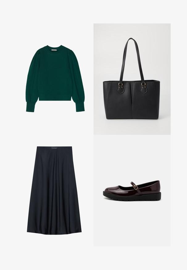 Groene pullover sweatshirt met lange, opgeblazen mouwen, geribbelde manchetten en zoom. Zachte stof met een gladde textuur. Ronde halslijn.; Zwarte, knielange rok van lichtgewicht stof met een vloeiende uitstraling. Kenmerkt zich door een gladde textuur en subtiele plooien voor extra detail.; Glanzende bordeaux Mary Jane-schoenen met een ronde neus, verstelbare gesp en een zwarte, textuurgevelzool.; Zwarte neplederen tote bag met een gestructureerde afwerking, twee lange handvatten en goudkleurige hardware-accenten aan de zijkant. Rechthoekige vorm.