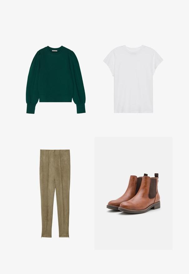 Groene pullover sweatshirt met lange, opgeblazen mouwen, geribbelde manchetten en zoom. Zachte stof met een gladde textuur. Ronde halslijn.; Witte t-shirt met korte mouwen, ronde hals, relaxte pasvorm, gemaakt van zacht katoen. Glad textuur, geen patronen of logo's.; Khaki nepkatoenen leren broek met verticale naaddetails en smalle boorden, met een gladde textuur en een getailleerde silhoeet.; Bruine leren enkellaarzen met elastische zijkanten, ronde neus en een lage houten hak. Voorzien van een lus voor gemakkelijk aan- en uitrekken.