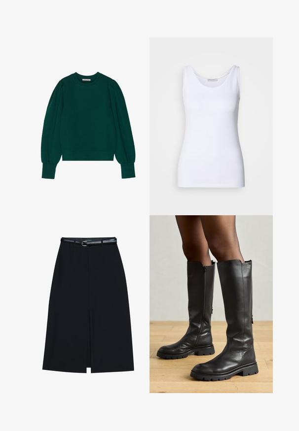 Groene pullover sweatshirt met lange, opgeblazen mouwen, geribbelde manchetten en zoom. Zachte stof met een gladde textuur. Ronde halslijn.; Witte top met een gladde, rekbare stof. Beschikt over een ronde halslijn en brede schouderbanden. De zoom zit net onder de taille. Geen patronen of accenten.; Zwarte knie-lange rok met een vooraanstaande split, gemaakt van gladde stof. Heeft een dunne zwarte riem met een zilveren gesp en riemlussen.; Zwarte kniehoge laarzen van glad leer met een chunky rubberen zool, voorzien van zijritsen en een eenvoudig ontwerp. Platte hak.