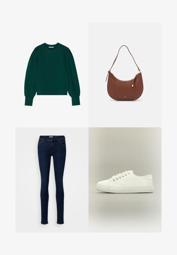 Grüner Pullover-Sweatshirt mit langen, schaumigen Ärmeln, gerippten Bündchen und Saum. Weicher Stoff mit glatter Textur. Rundhalsausschnitt.; Schmale Jeans aus dunkelblauem Denim-Stoff. Verfügt über fünf Taschen, einen Knopfverschluss und dezente Nähte entlang der Säume.; Weißer Low-Top-Sneaker mit weißen Schnürsenkeln und Gummisohle, seitlich auf neutralem Hintergrund dargestellt.; Braune Kunstleder-Schultertasche mit geschwungener Form, minimaler Naht und goldfarbener Hardware-Akzent. Verfügt über einen oberen Reißverschluss und einen verstellbaren Trageriemen.