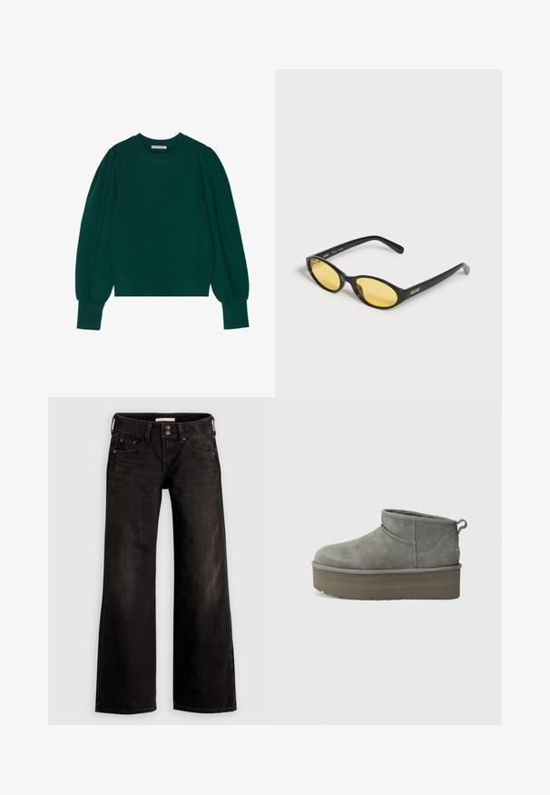Groene pullover sweatshirt met lange, opgeblazen mouwen, geribbelde manchetten en zoom. Zachte stof met een gladde textuur. Ronde halslijn.; Zwarte wijde jeans met een licht vervaagde afwerking, voorzien van voorzakken, een ritssluiting en een knoopsluiting. Gemaakt van denim stof.; Grijze suède enkellaarsjes met een ronde neus, lage snit en een dikke platformzool. Voorzien van een trekband bij de hak en gestikte accenten.; Zwarte ovale zonnebril met geel getinte glazen en het "QUAY"-logo op het montuur, liggend op een wit oppervlak.