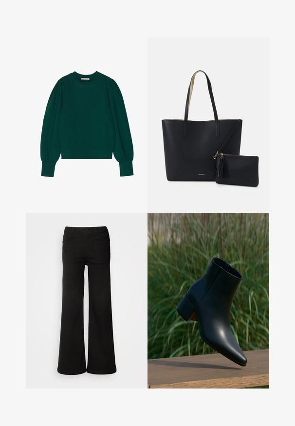 Grüner Pullover-Sweatshirt mit langen, schaumigen Ärmeln, gerippten Bündchen und Saum. Weicher Stoff mit glatter Textur. Rundhalsausschnitt.; Schwarze, weit geschnittene Jeanshose aus Denim, mit vorderen Taschen, Knopfverschluss und einer glatten Textur mit sauberem Finish.; Schwarzer Leder-Knöchelboot mit Blockabsatz, spitze Spitze, dargestellt über einer Holzoberfläche mit grünem, verschwommenem Gras-Hintergrund.; Schwarze Tragetasche aus strukturiertem Material, mit zwei langen Griffen und einem abnehmbaren Reißverschlussbeutel mit Quastendetail. Goldenes Markenlogo sichtbar.