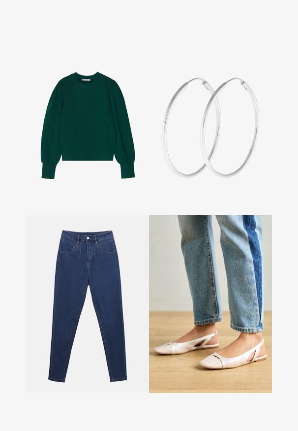 Grüner Pullover-Sweatshirt mit langen, schaumigen Ärmeln, gerippten Bündchen und Saum. Weicher Stoff mit glatter Textur. Rundhalsausschnitt.; Dunkelblaue Denim-Jeans mit hoher Taille, fünf Taschen und einem Reißverschluss. Verfügen über sichtbare Nähte und eine elegante, enganliegende Silhouette.; Blassrosa Slingback-Ballerinas mit spitzem Punkt, aus einem glatten, lederähnlichen Material. Mit Ausschnitten an den Seiten und einem flachen Absatz.; Silberfarbene Creolen mit einer glatten, runden Form und einer polierten Oberfläche. Beide Ohrringe haben die gleiche Größe und verfügen über einen sicheren Verschlussmechanismus.