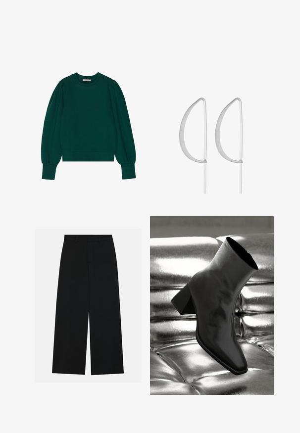 Grüner Pullover-Sweatshirt mit langen, schaumigen Ärmeln, gerippten Bündchen und Saum. Weicher Stoff mit glatter Textur. Rundhalsausschnitt.; Schwarzweite Hosen mit weitem Bein aus glattem Stoff. Besitzt einen flachen Bund mit Gürtelschlaufen und ohne sichtbare Taschen. Schlichtes Design.; Schwarzer Knöchelstiefel aus glänzendem Material mit quadratischer Zehenform und verjüngtem Absatz, vor einem glänzenden silbernen gepolsterten Hintergrund.; Silberne Ohrringe aus Metall mit einem minimalistischen geschwungenen Design, das verlängerte, offene Tropfenformen mit einer matten Oberfläche aufweist.