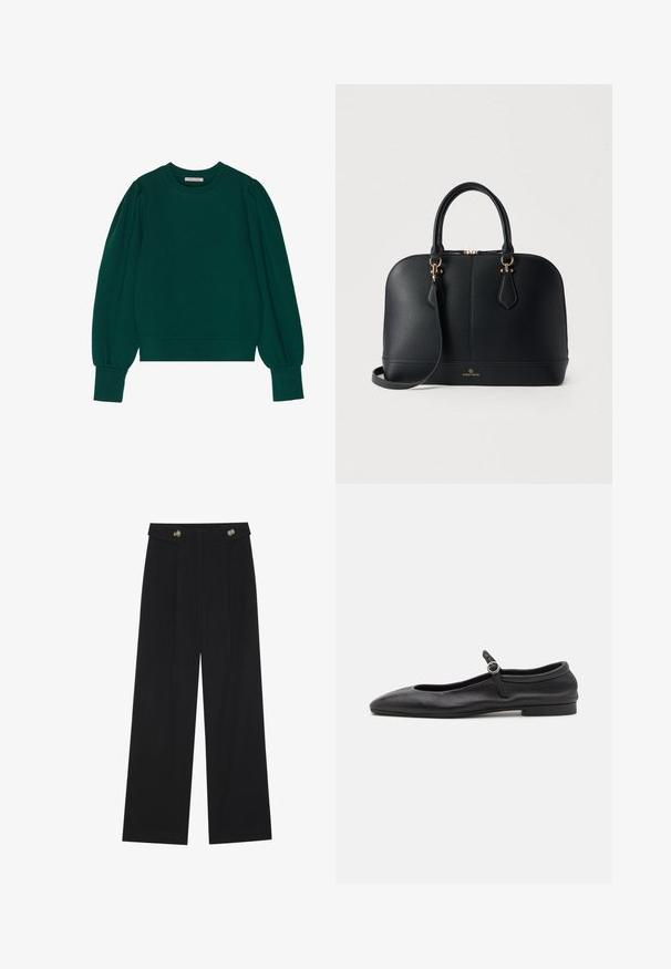 Grüner Pullover-Sweatshirt mit langen, schaumigen Ärmeln, gerippten Bündchen und Saum. Weicher Stoff mit glatter Textur. Rundhalsausschnitt.; Schwarze weite Hosen mit hoher Taille, Knopfdetails am Bund und vorderen Falten.; Schwarze Leder-Ballettschuhe mit einer abgerundeten Zehe, schmalem Vorderblatt und einem kleinen Knöchelriemen mit einer runden Schnalle. Niedrige, flache Sohle.; Schwarze Handtasche aus strukturiertem Leder mit abgerundeter Form, doppelten Griffen, verstellbarem Schulterriemen, goldfarbenen Beschlägen und geprägtem Markenlogo auf der Vorderseite.