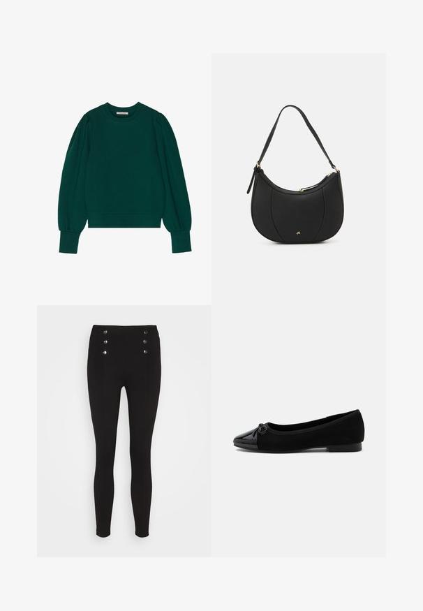 Groene pullover sweatshirt met lange, opgeblazen mouwen, geribbelde manchetten en zoom. Zachte stof met een gladde textuur. Ronde halslijn.; Zwarte leggings met een hoge taille, voorzien van vier metalen knopen aan de voorkant. Gemaakt van rekbaar materiaal, ze hebben een elegante, aangesloten pasvorm.; Zwarte ballerina met lakleren neus, klein strikdetail en lage hak op een effen witte achtergrond.; Zwarte leren handtas met een gebogen vorm, textuuroppervlak, voornaden en een logo in goudkleur. Beschikt over een enkele verstelbare schouderband.