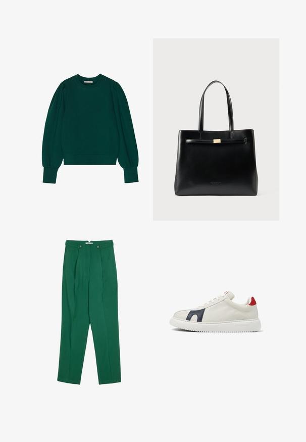Groene pullover sweatshirt met lange, opgeblazen mouwen, geribbelde manchetten en zoom. Zachte stof met een gladde textuur. Ronde halslijn.; Anna Field Broek - green; Witte leren sneaker met marineblauwe zijdetails, rode hieltab, witte veters en dikke witte zool met het merk "Camper" aan de zijkant.; Zwarte leren totebag met een gestructureerde silhouet, platte handvatten en een goudkleurige sluiting aan de voorkant. Soepele textuur en minimalistisch ontwerp.