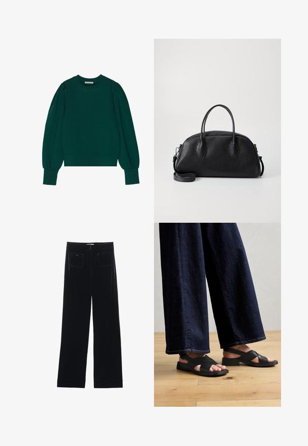 Groene pullover sweatshirt met lange, opgeblazen mouwen, geribbelde manchetten en zoom. Zachte stof met een gladde textuur. Ronde halslijn.; Zwarte fluwelen wijde broek met twee achterzakken en een gladde textuur, met een rechte snit en afgewerkte zoom bij de enkels.; Zwarte leren sandalen met een kruislings ontwerp, een platte zool en minimale hardware, gecombineerd met wijde donkere spijkerbroeken.; Zwarte leren handtas met een ronde vorm, dubbele handvatten aan de bovenkant, gestructureerd oppervlak en een afneembare schouderband. Twee hexagonale accenten aan de zijkanten.