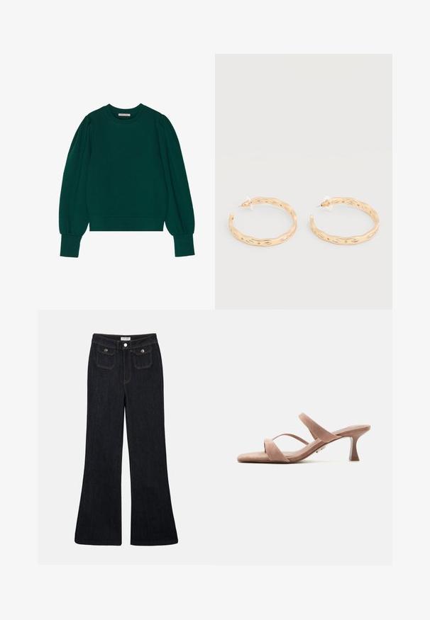 Groene pullover sweatshirt met lange, opgeblazen mouwen, geribbelde manchetten en zoom. Zachte stof met een gladde textuur. Ronde halslijn.; Flared donkerdenim jeans met een hoge taille, twee voorzakken en oranje stiksels. Het materiaal lijkt stevig en glad.; Beige suède open-toe mule sandaal met twee dunne bandjes en een slanke middenhoge hak op een witte achtergrond.; Oorringen in goudkleur met een onregelmatig golfpatroon en ingelegde heldere kristalaccenten, bevestigd met achterkantjes van kunststof.