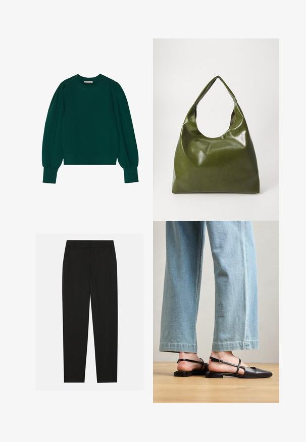Grüner Pullover-Sweatshirt mit langen, schaumigen Ärmeln, gerippten Bündchen und Saum. Weicher Stoff mit glatter Textur. Rundhalsausschnitt.; Schwarze Hosen mit taillierter Passform, ausgestattet mit seitlichen Taschen und geradem Bein. Hergestellt aus glattem, leichtem Stoff mit einem eleganten Finish.; Schwarze Lederslingback-Schuhe mit spitzer Zehe, flachem Absatz und Knöchelriemen; getragen mit hellblauen, weit geschnittenen Jeans.; Grüne Leder-Hobo-Tasche mit einem lässigen Design, gebogenem Griff und glatter Textur. Enthält keine sichtbaren Beschläge oder Akzente.