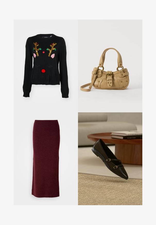 Zwarte trui met een rendierontwerp, gouden sequin-hoornen, roze oor details, een rode pomponneus en groene en rode kraal accenten.; Bordeaux wollen maxi-rok met een aansluitende silhouet, een gladde textuur en een rechte zoom. Geen zichtbare sluitingen of versieringen.; Zwarte platte schoen met puntige neus en twee dunne gespspanners die boven een beige tapijt zweven, met een houten salontafel en boeken op de achtergrond.; Beige leren handtas met dubbele handvatten, messing gesps en klinknagel details, en een verstelbare schouderriem tegen een witte achtergrond.