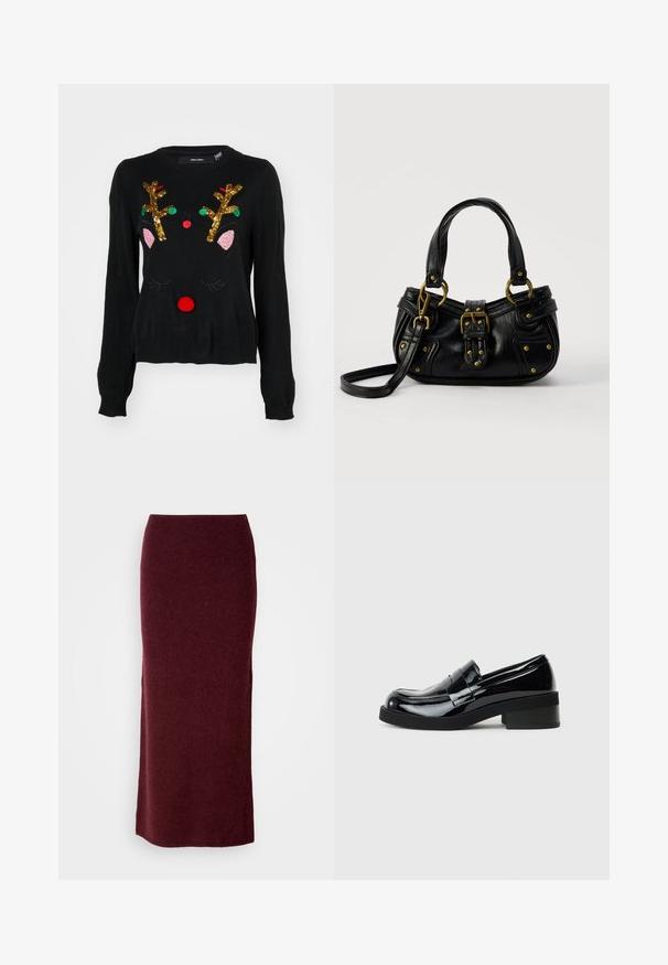 Sort sweater med et rener-design, der har gyldne palietgevir, lyserøde ører, en rød pom-pom næse og grønne og røde perledetaljer.; Bordeaux uld maxi nederdel med en tætsiddende silhuet, glat tekstur og lige kant. Ingen synlige lukninger eller udsmykninger.; Sorte patenterede lædersko med rund tå, lav blokhæl og en glat, blank finish. Har en dekorativ rem over forsiden.; Sort læderhåndtaske med guldbælge og nitdetaljer, korte håndtag og en justerbar skulderrem på en ensfarvet hvid baggrund.