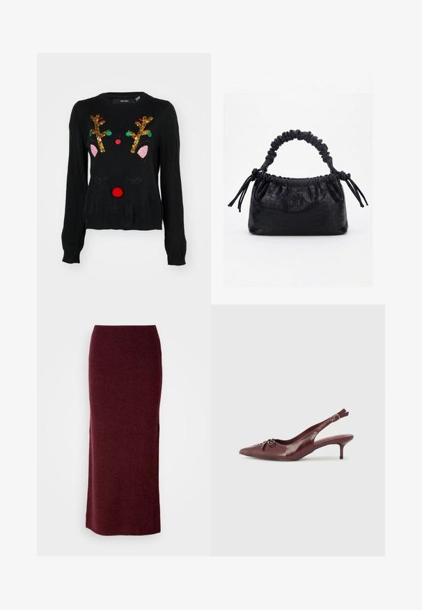 Sort sweater med et rener-design, der har gyldne palietgevir, lyserøde ører, en rød pom-pom næse og grønne og røde perledetaljer.; Bordeaux uld maxi nederdel med en tætsiddende silhuet, glat tekstur og lige kant. Ingen synlige lukninger eller udsmykninger.; Bordeaux læder slingback hæl med spidse tå, justerbar rem og dekorativ sløjfedetalje foran. 7,5 cm hælhøjde.; Sort taske med krokodilletekstur, rynket øverste kant, samlet hank og snore med kvaster på hver side mod en hvid baggrund.