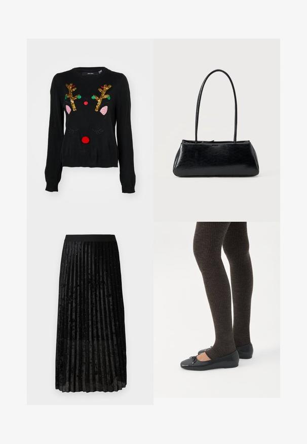 Suéter negro con un diseño de reno que cuenta con cuernos de lentejuelas doradas, detalles de orejas rosas, nariz de pom-pom roja y acentos de cuentas verdes y rojas.; Falda negra plisada de terciopelo, con un acabado texturizado y adornos brillantes distribuidos uniformemente por toda la tela.; Piernas con leggings oscuros acanalados combinados con bailarinas negras que presentan pequeños detalles de lazo sobre un fondo blanco.; Bolso de hombro rectangular negro con correas largas y delgadas y una textura lisa y brillante sobre un fondo liso.