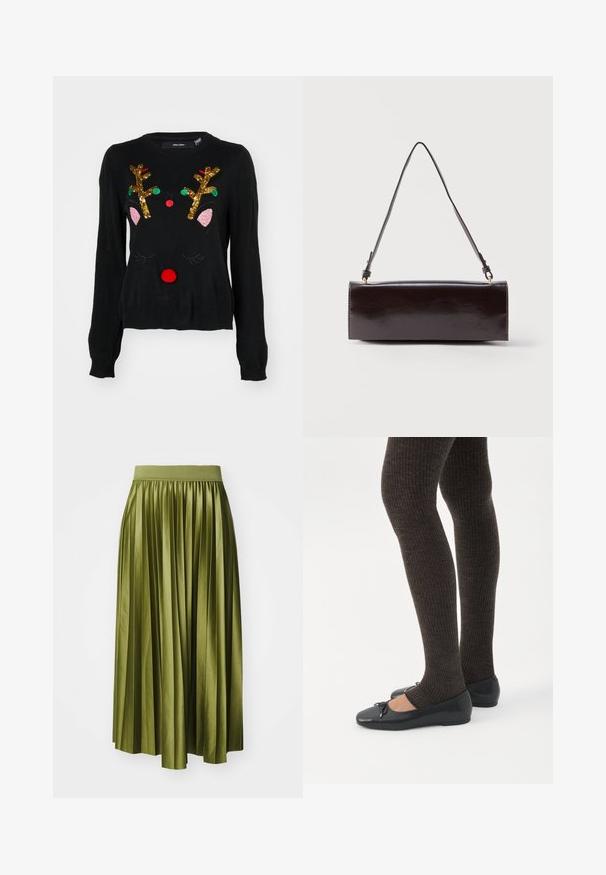 Zwarte trui met een rendierontwerp, gouden sequin-hoornen, roze oor details, een rode pomponneus en groene en rode kraal accenten.; Plissé midi rok in olijfgroen satijn, met een brede elastische tailleband en een vloeiende silhoutte met verticale plooien.; Benen met donkere geribbelde leggings gecombineerd met zwarte ballerina's met kleine strikdetails op een witte achtergrond.; Rechthoekige zwarte leren handtas met een enkele lange schouderband en een glanzende afwerking, weergegeven tegen een effen witte achtergrond.