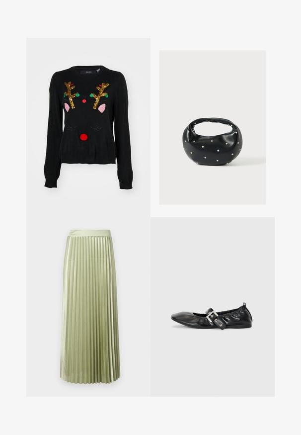 Sort sweater med et rener-design, der har gyldne palietgevir, lyserøde ører, en rød pom-pom næse og grønne og røde perledetaljer.; Plisseret midi-nederdel i lysegrøn satin med en glat tekstur. Tætsiddende talje, falder til midt på læggen, med lige lodrette plisseringer hele vejen igennem.; Sorte læder flade sko med spids tå, samling detaljer omkring åbningen, og en sølv spænde accent på den justerbare rem.; Sort læderhåndtaske med en rundet form, dekoreret med sølvnitter, og et kort håndtag. Glat tekstur og lynlåslukning.