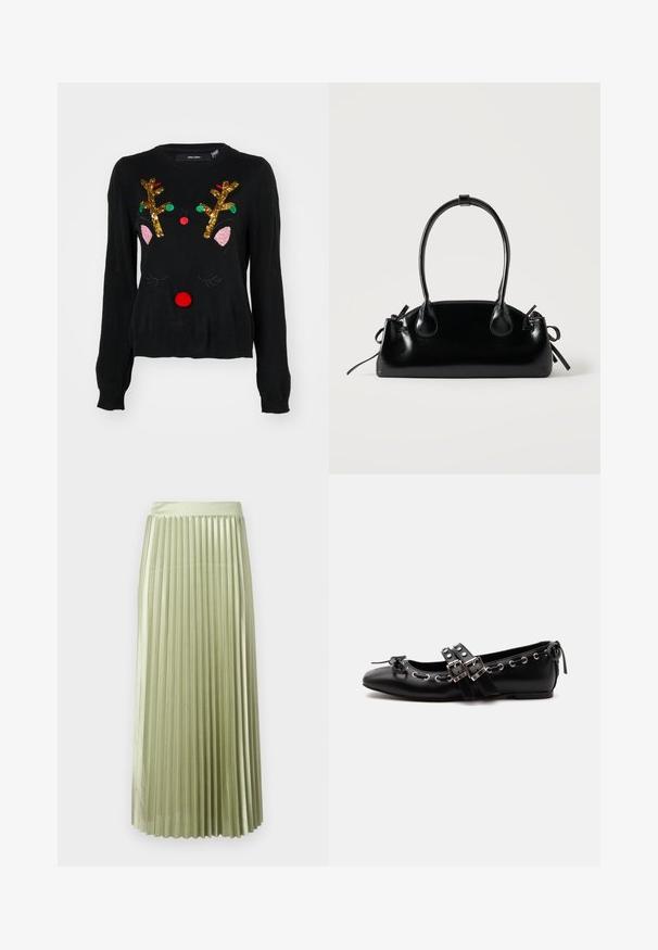 Sort sweater med et rener-design, der har gyldne palietgevir, lyserøde ører, en rød pom-pom næse og grønne og røde perledetaljer.; Plisseret midi-nederdel i lysegrøn satin med en glat tekstur. Tætsiddende talje, falder til midt på læggen, med lige lodrette plisseringer hele vejen igennem.; Sort flad balletsko med dobbelt spænde, sølvøjer og en lille sløjfe nær den runde tå på en hvid baggrund.; Lille sort blank håndtaske med to lange håndtag og snøre-detaljer i siden på en ensfarvet lys baggrund.