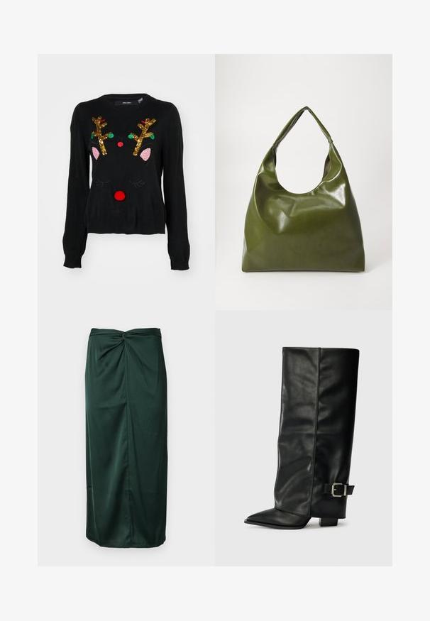 Suéter negro con un diseño de reno que cuenta con cuernos de lentejuelas doradas, detalles de orejas rosas, nariz de pom-pom roja y acentos de cuentas verdes y rojas.; Falda de satén verde oscuro con un diseño de envoltura torcida en la cintura y una silueta recta y elegante, con una textura suave.; Botas de cuero negro hasta el tobillo con punta afilada, textura suave y un detalle de hebilla plateada en el lado. Tacón cuadrado grueso.; Bolsa hobo verde de cuero con un diseño suave, asa curvada y textura lisa. No contiene hardware visible ni acentos.