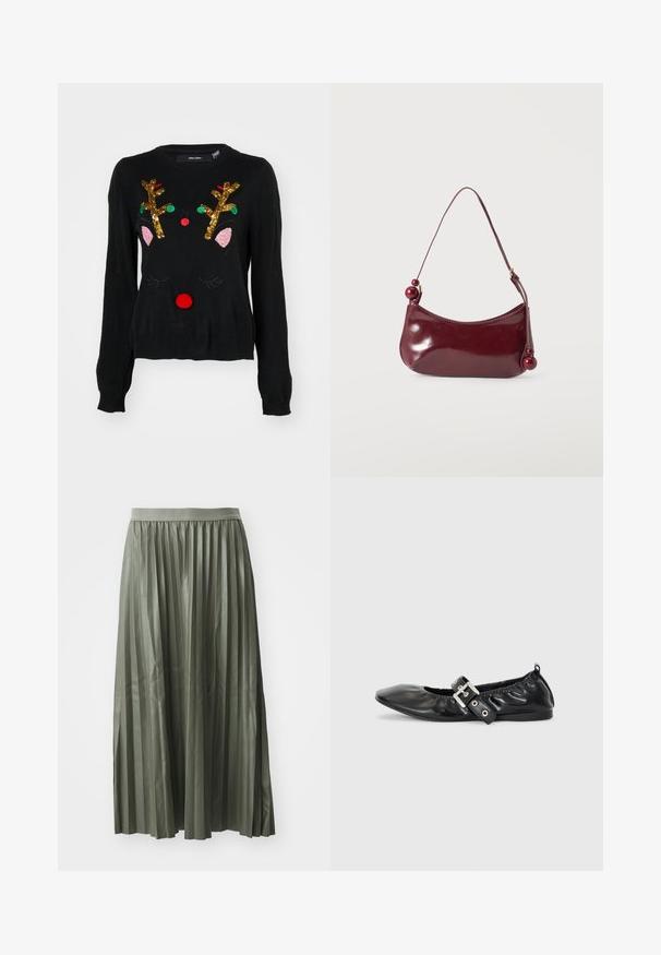 Sort sweater med et rener-design, der har gyldne palietgevir, lyserøde ører, en rød pom-pom næse og grønne og røde perledetaljer.; Plisseret midi-nederdel i dæmpet grøn, lavet af glat stof. Har en elastisk talje og falder til midt på læggen med jævnt fordelte lodrette plisseringer.; Sorte læder flade sko med spids tå, samling detaljer omkring åbningen, og en sølv spænde accent på den justerbare rem.; Lille skinnende mørkerød skuldertaske med en buet topkant og dekorative runde perler på remmenes ender.