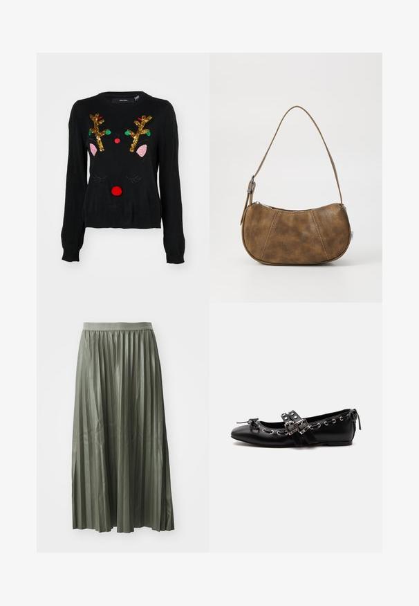 Sort sweater med et rener-design, der har gyldne palietgevir, lyserøde ører, en rød pom-pom næse og grønne og røde perledetaljer.; Plisseret midi-nederdel i dæmpet grøn, lavet af glat stof. Har en elastisk talje og falder til midt på læggen med jævnt fordelte lodrette plisseringer.; Sort flad balletsko med dobbelt spænde, sølvøjer og en lille sløjfe nær den runde tå på en hvid baggrund.; Brun faux læder skuldertaske med en buet form, en enkelt strop, kontrasterende syninger og en lynlåslukning langs den øverste kant.