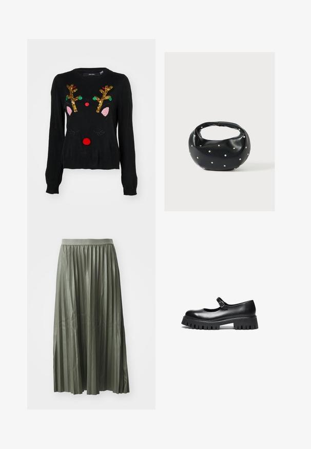 Sort sweater med et rener-design, der har gyldne palietgevir, lyserøde ører, en rød pom-pom næse og grønne og røde perledetaljer.; Plisseret midi-nederdel i dæmpet grøn, lavet af glat stof. Har en elastisk talje og falder til midt på læggen med jævnt fordelte lodrette plisseringer.; Sorte læder Mary Jane-style sko med rund tå, ankelrem og chunky gummisål med ribbet detaljering.; Sort læderhåndtaske med en rundet form, dekoreret med sølvnitter, og et kort håndtag. Glat tekstur og lynlåslukning.