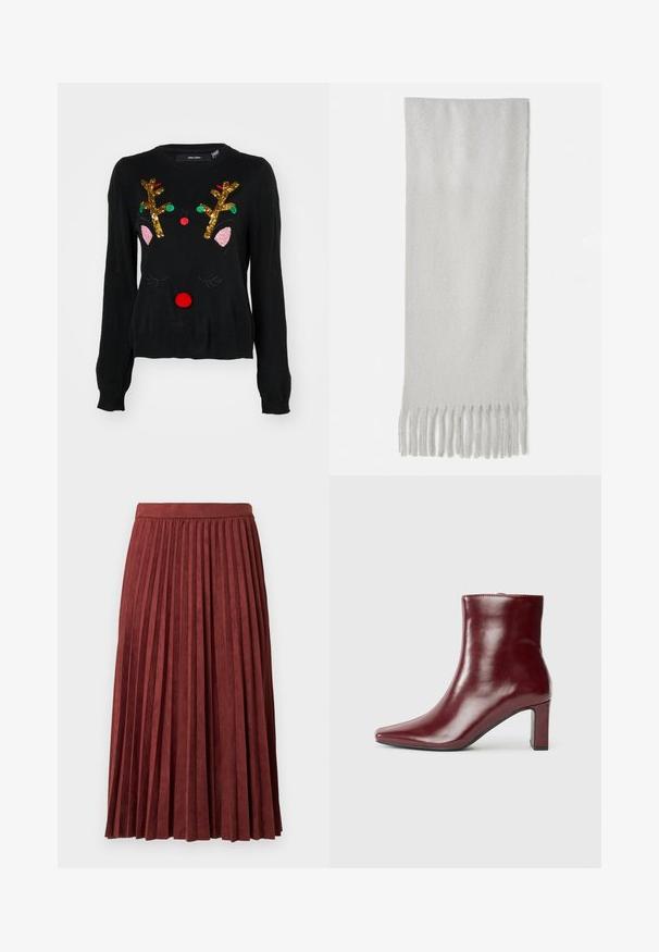 Pull noir avec un motif de renne, ornée de bois dorés en sequins, de détails roses au niveau des oreilles, d'un nez en pompon rouge et d'accents en perles vertes et rouges.; Jupe midi plissée bordeaux en tissu doux, présentant des plis verticaux et une taille ajustée. Texture lisse avec une couleur unie.; Bottine en cuir bordeaux avec un bout pointu et un talon carré. Texture lisse avec une silhouette élégante et des lignes épurées.; Écharpe grise en texture douce avec des franges aux extrémités, de forme rectangulaire et finition lisse.