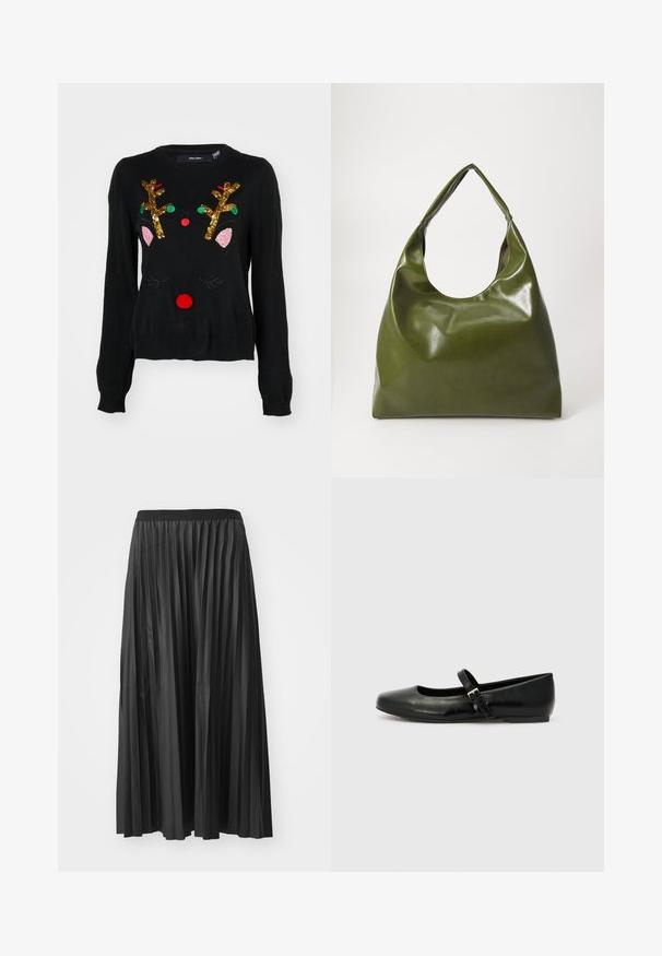 Sort sweater med et rener-design, der har gyldne palietgevir, lyserøde ører, en rød pom-pom næse og grønne og røde perledetaljer.; Sort plisseret maxiskørt med en glat tekstur og elastisk talje, der har lodrette folder som skaber volumen og bevægelse.; Sorte læder balletflade med rund tå, flad sål og en tynd justerbar rem over svangen med en metalspænde.; Grøn læder hobo taske med en slouchy design, buet håndtag og glat tekstur. Indeholder ingen synlig hardware eller accenter.
