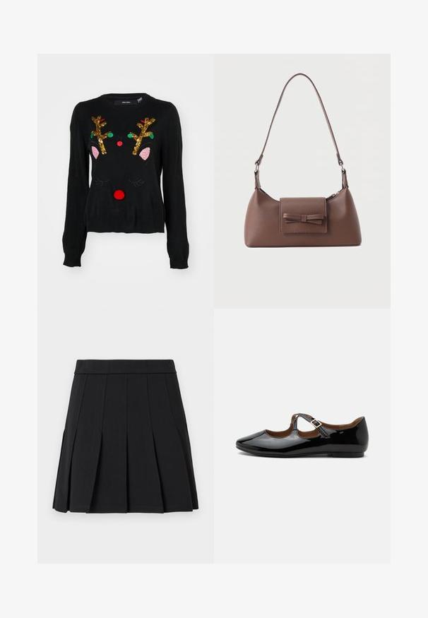 Sort sweater med et rener-design, der har gyldne palietgevir, lyserøde ører, en rød pom-pom næse og grønne og røde perledetaljer.; Sort plisseret nederdel lavet af et glat materiale. Har en bred linning og flere knivfolder, der går lodret.; Sort laklæder Mary Jane-flad sko med to udskæringer og en guldbuckelrem på hvid baggrund.; Brun skuldertaske i læder med en frontlomme med klap, der har en sydd sløjfedetalje, og en justerbar rem.