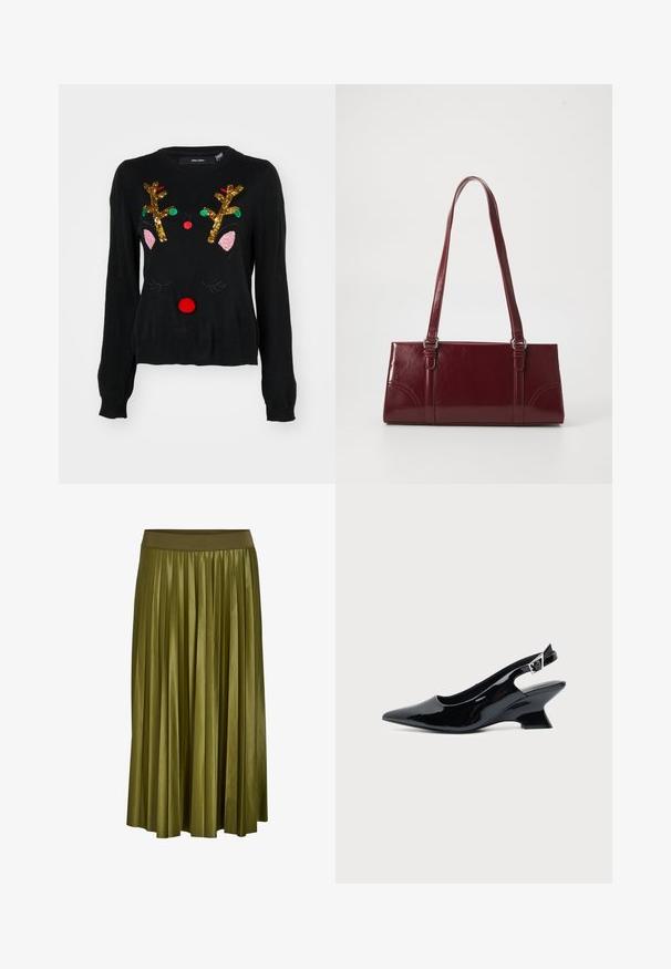 Sort sweater med et rener-design, der har gyldne palietgevir, lyserøde ører, en rød pom-pom næse og grønne og røde perledetaljer.; Kaki grøn plisseret midi nederdel med bred elastisk talje og glat stoftekstur.; Sort laklæder slingback sko med spids tå og lav vinklet blokhæl på ensartet lys baggrund.; Bordeaux håndtaske lavet af glansfuldt materiale, rektangulær form, med to skulderremme og subtile buede detaljer på forsiden.