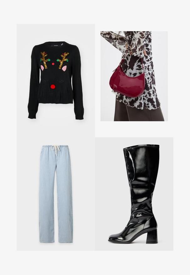 Suéter negro con un diseño de reno que cuenta con cuernos de lentejuelas doradas, detalles de orejas rosas, nariz de pom-pom roja y acentos de cuentas verdes y rojas.; Pantalones de rayas verticales en azul claro y blanco con cintura elástica y cordón blanco, presentados sobre un fondo liso.; Bota negra brillante de altura hasta la rodilla con tacón cuadrado y puntera redondeada, acabado liso y brillante, con ligero detalle texturizado en el tacón y la parte superior.; Mujer con blusa de estampado en blanco y negro sosteniendo un bolso de hombro rojo brillante sobre un fondo liso.