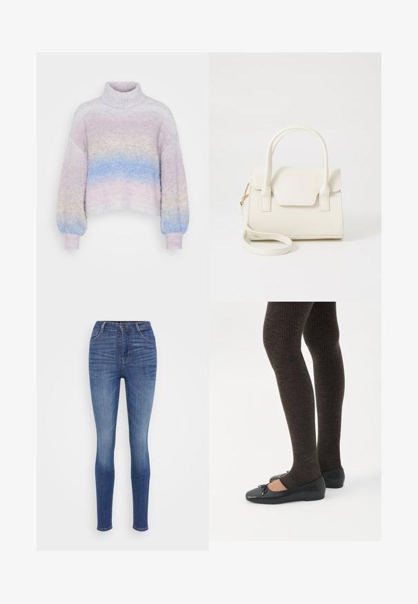 Pull en crochet à col roulé dans des couleurs pastel, présentant un dégradé de rose, violet et bleu. Coupe oversize avec des poignets et un ourlet côtelés.; Jean en denim bleu coupe slim avec taille haute, cinq poches et décoloration subtile. Présente des coutures contrastées et une fermeture à bouton en métal.; Jambes portant des leggings côtelés foncés associés à des ballerines noires avec de petits détails en nœud sur fond blanc.; Petit sac à main blanc avec doubles poignées, rabat avant et bandoulière amovible avec boucle dorée sur fond blanc uni.